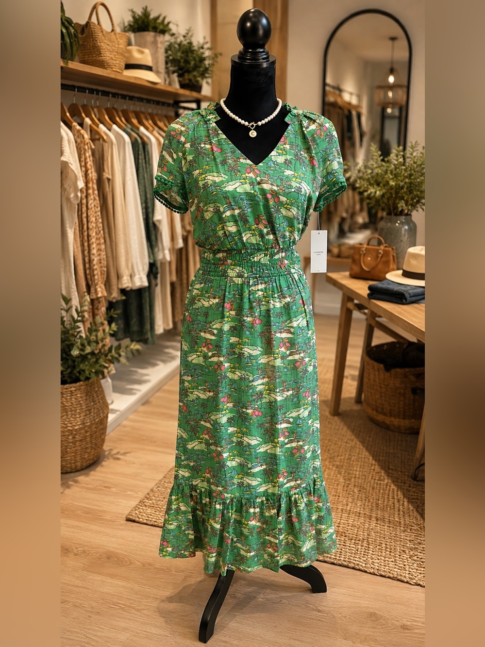 Nanette Lepore Green Floral V-Neck Midi Dress